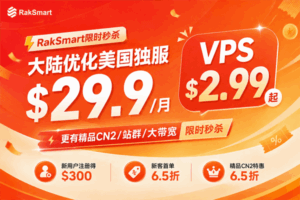 RakSmart秋季秒杀 大陆优化美国独服$29.9/月 VPS $2.99起 新用户全场6.5折 更有精品CN2/站群/大带宽限时秒杀