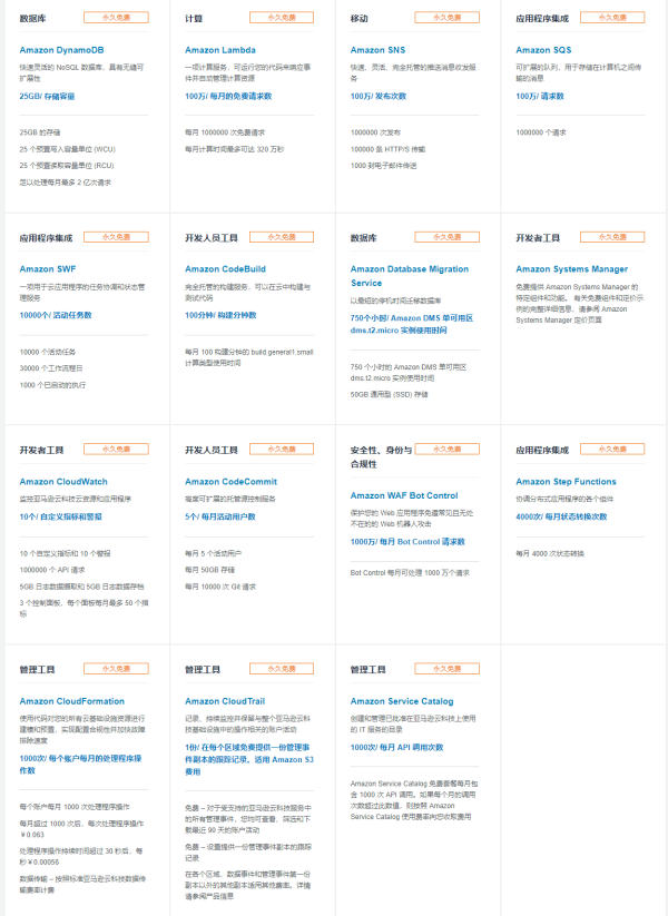 亚马逊云科技中国区域免费套餐